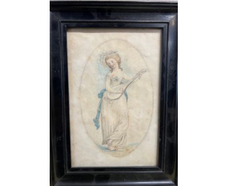 A pencil and wash sketch of a lady playing a mandolin by repute and inscription to the back Angelica Kauffman, purchased in B