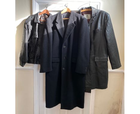 An Uomo Valentino Harrods man's 48 reg 70/30 wool/cashmere overcoat, a Teodem M genuine leather man's coat and a blouson styl