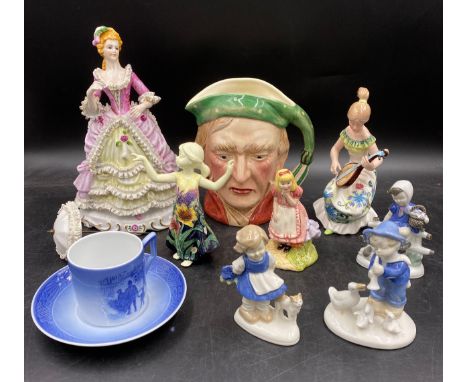 A quantity of ceramics to include Beswick Toby jug 372 Scrooge, Old Tupton ware x 2 lady figurines, continental lady 24cm h, 