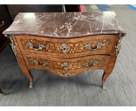 A 19thC French marquetry commode with marble top and ormolu mounts with two drawers, 114cm w x 53cm d x 83cm h.