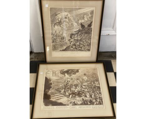 Two framed engravings of James Gillray (1757-1815) one entitled 'Disciples catching the mantle; the Spirit of Darkness oversh