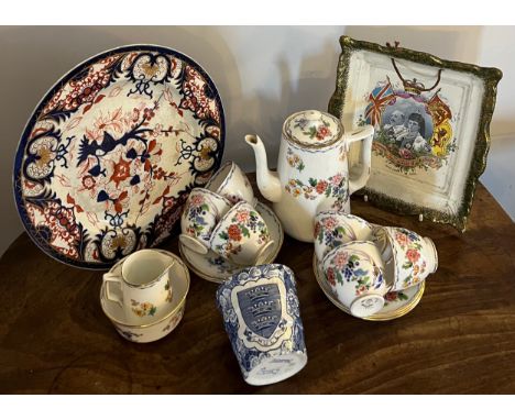 Miscellaneous ceramics to include Balmoral China coffee service, 1902 Coronation plaque 21 x 19.5cm, Derby plate and a blue a