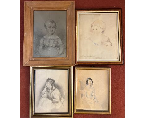 Four 19thC watercolour and pencil portraits. Largest 39 x 30cm including frame. 