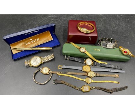 A collection of watches to include Oris, Avia, Timex, Bulova and Crescent etc. along with a Sheaffer gold coloured ball point