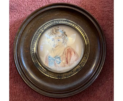 A 19thC watercolour on card portrait miniature in circular frame 15cm d. Dated 1846. 