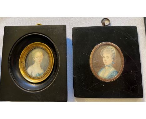 Two portrait miniatures of ladies on ivory in ebonised frames. 9 x 8.5cm. Ivory submission references 8S4SZRFW. UCF839DD. 