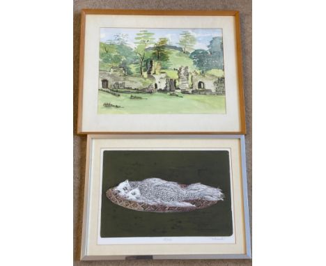 Framed print of fish on platter 'naturamorte' signature indistinct 21 x 32cm together with a naive watercolour of ruins 24.5 
