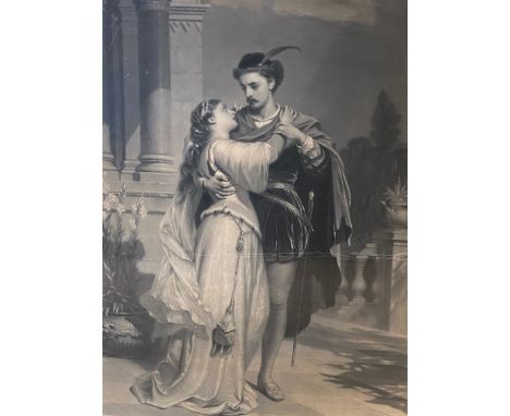 A large framed print of Romeo &amp; Juliet painted by F. Dicksee. engraved by George H. Every. Image size 65 h x 45cm. 