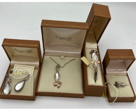 Clogau gold and silver jewellery to include bracelet, pendant, ring and earrings. All in original boxes. Ring size M. Bracele