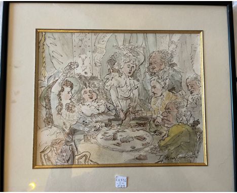 A pen and ink sketch of men and women at the gaming table.    25cm x 31cm. Signed lower right T. Rowlandson. 