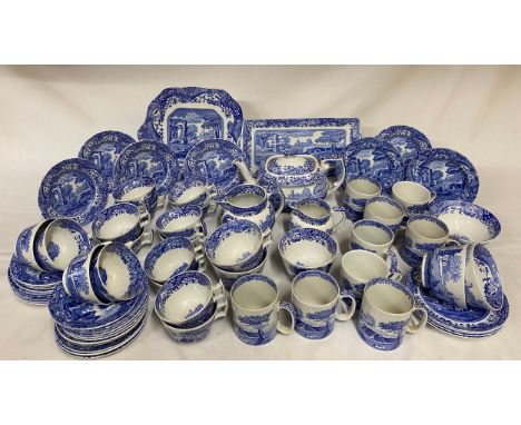 Spode Italian design Tea Service, various base marks, comprising tea pot and lid, 2 jugs tallest 11cm h, two sugars, 4 x brea