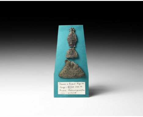 14th-15th century AD. A group of components from a lead-alloy pilgrim's badge from the shrine of Thomas Beckett at Canterbury