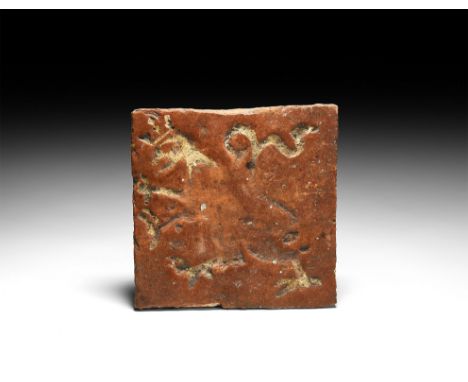 Late 13th-14th century AD. A rectangular ceramic floor tile with white crowned lion rampant; from St Etheldreda's Church, Wes