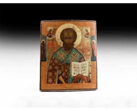 18th century AD. A painted icon on a slightly convex rectangular wooden base with mounting slots to the reverse; tempera and 