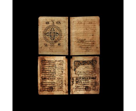 14th century AD. A pair of pages (4 folios) from a bilingual Coptic manuscript, written in Coptic Bohairic and Arabic, includ