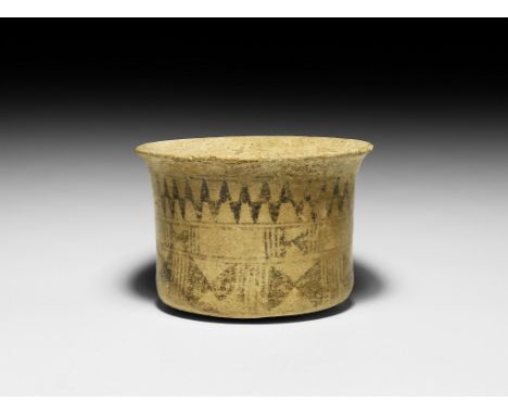 2nd millennium BC. A ceramic jar with straight walls, three bands of painted geometric decoration to the outer face with sepa