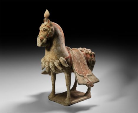 Tang Dynasty, 618-907 AD. A ceramic horse modelled standing on a rectangular base, flared saddlecloth with moulded saddle, ro