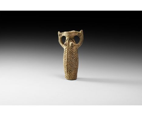 Early 3rd millennium BC. A bifacial grey ceramic idol in the form of a vessel with piriform body, waisted rim and two zoomorp