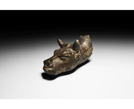 3rd-1st century BC. A substantial ceramic bull's head from a rhyton with naturalistic features; modelled with short horns, ea