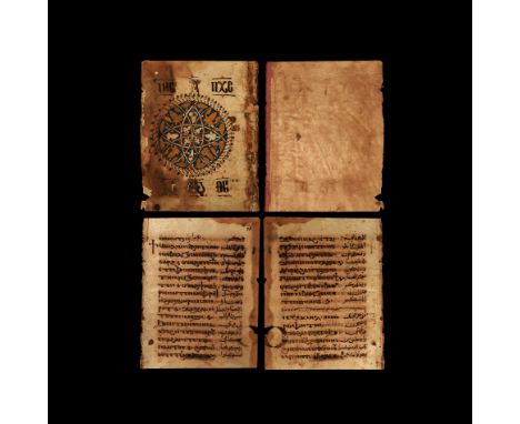 14th century AD. A pair of pages (3 folios) from a bilingual Coptic manuscript, in Coptic Bohairic and Arabic language, inclu