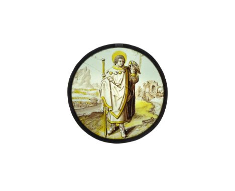 1520-1530 AD. A circular glass panel with lead surround and suspension rings; painted image of St. James the Great standing i