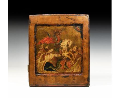 18th century AD or earlier. A rectangular wooden board with painted icon on a prepared surface, egg tempera on gesso(?); poly