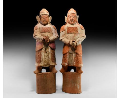 Song Dynasty, 960-1127 AD or later. A pair of provincial terracotta lokapala, guardians of tradition, standing with their han