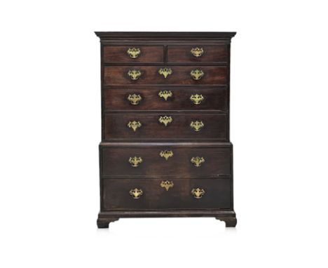 A GEORGE III OAK AND MAHAGONY TALLBOY
Circa 1800, fitted with two short above five graduated long drawers, brass handles and 