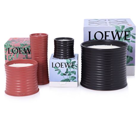 A GROUP OF LOEWE CERAMIC SCENTED CANDLES To include a large and one small Liquorice examples, a Tomato candle (cracked); and 