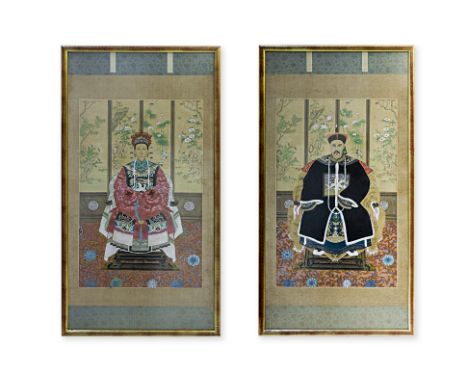 A PAIR OF CHINESE ANCESTOR PORTRAITS
The male and female figure seated, in full robes, with Civil rank badge, before a painte