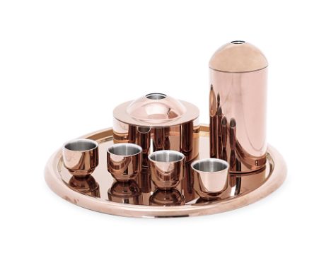 A GROUP OF FOUR TOM DIXON COPPER FINISH 'BREW' ITEMS
Comprising: a tray, a coffee caddy, a biscuit tin and four espresso cups