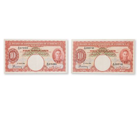 MALAYA GEORGE VI 10 DOLLARS 1941 (2) 1st July 1941, 10 Dollars, serial numbers C/95 093742; D/32 076483, portrait right, deno