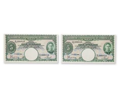 MALAYA GEORGE VI 5 DOLLARS 1941 (2) 1st July 1941, 5 Dollars, serial numbers C/73 088415; C/73 088418, portrait right, denomi