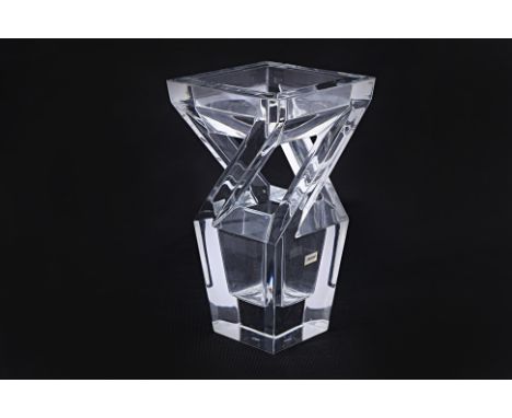 A BACCARAT CRYSTAL 'ARCHITECTURE' VASE Of tapering square section with openwork design, etched mark to base, engraved Baccara