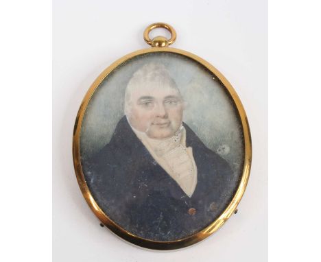 19th century English school - Bust portrait miniature of a gentleman wearing a blue tunic, watercolour on ivory, 66 x 55mmIvo