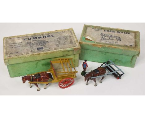 A pair of boxed Britains Home Farm series horse-drawn farm attachments, to include No.4F tumbrel cart, No.9F horse-drawn roll