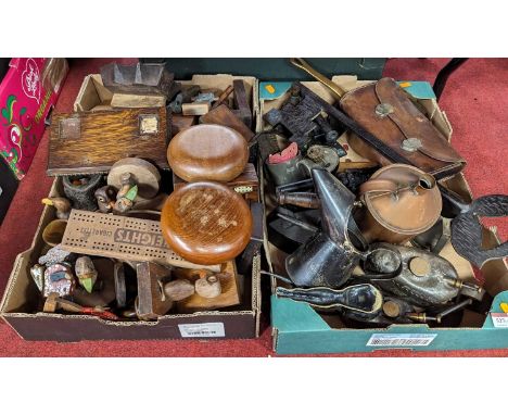 A collection of miscellaneous items to include novelty carved wooden bookends, copper oil cans, cribbage board etc (two boxes