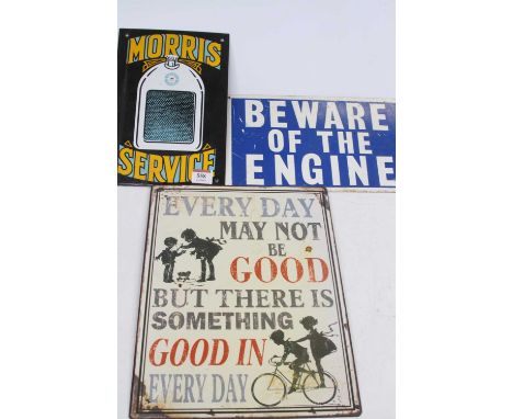 An enamel on metal Morris Service advertising sign, 26x17cm, together with two other metal signs