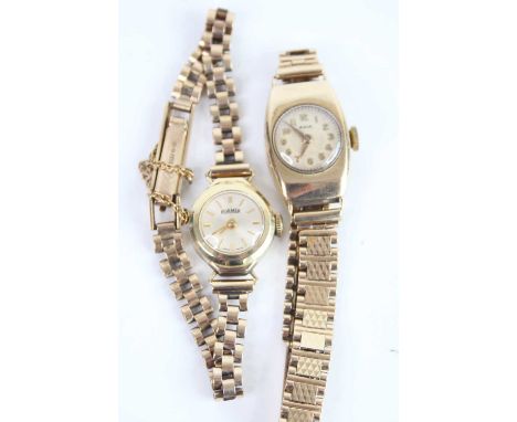 A lady's vintage Avia 9ct gold cased wrist watch, on 9ct gold engine turned bracelet, case dia. 15mm, together with a lady's 