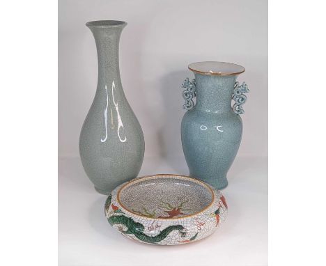 A Chinese crackle celadon glazed vase of baluster form, height 41cm, and another similar, and an enamel decorated crackle gla