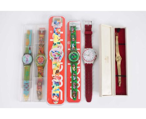 Five various Swatch lady's and gent's wristwatches, four being boxed; together with a lady's Rotary gilt metal quartz wristwa