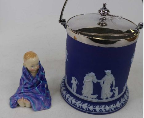 A Wedgwood blue jasperware tobacco jar, relief decorated with classical figures, height 18cm, together with a Royal Doulton f