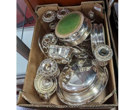 A pair of silver plated three-branch dwarf table candelabra, h.20cm; together with other silver plated items to include a pai