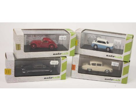 An Autocolt 1:43 scale diecast group of four, comprising ref numbers 05007 Zunder 1500 Porsche, 02001 Jawa 750 Coupe, 03002 S