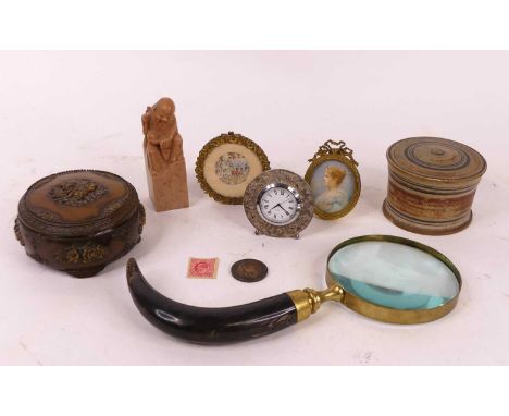 A collection of miscellaneous items to include horn handled magnifying glass, 19th century turned wooden polychrome painted b