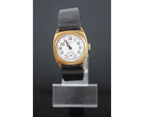 A gent's Tavannes 18ct gold cased manual wind wrist watch having a signed white enamel dial with luminous Arabic numerals, an