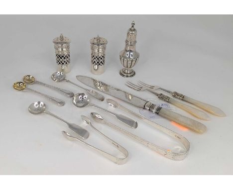 A small collection of miscellaneous items to include Edwardian silver pedestal pepperette, pair of silver cruets with blue gl