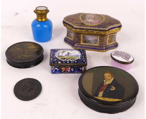 A 19th century Staffordshire enamel patch box, of sarcophagus shape, the hinged lid decorated with a gentleman standing in a 