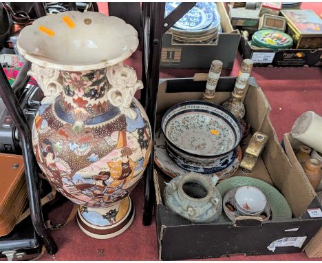 A collection of oriental ceramics, to include a pair of Japanese satsuma porcelain bottle vases, each enamel decorated with f