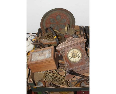 Two boxes of miscellaneous items to include a Victorian mantel clock, Indian enamel decorated copper tray, Victorian copper w